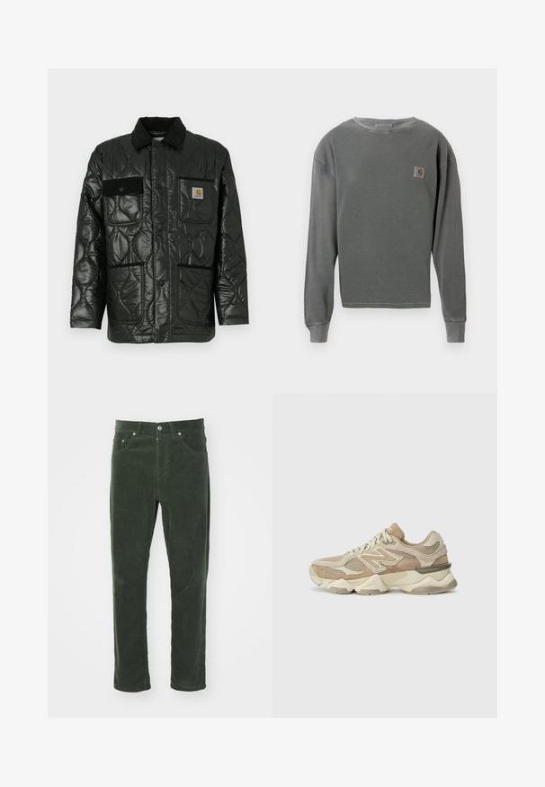 Črna prešita jakna z sijajno površino, ki ima ovratnik, štiri našitne žepe in črne kordne detajle.; Siv svečani pulover z dolgimi rokavi in ribastim teksturo, ki ima majhen kvadratni logotip na levem prsnem delu in ribaste manšete.; Zelene kordne hlače s ravnim krojem, ki imajo pet žepov, kovinski gumb za zapiranje in teksturirano rebrasto površino.; Bež športni superge z mrežastimi in semiš materialom, okroglo špic, debelim podplatom in opaznimi odbojnimi akcenti na strani.
