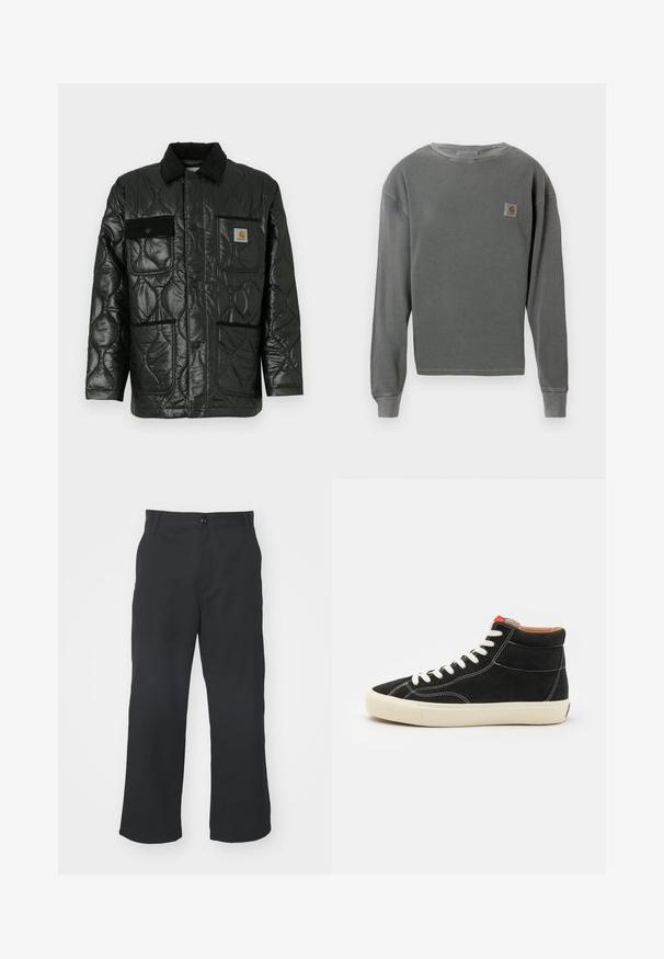 Črna prešita jakna z sijajno površino, ki ima ovratnik, štiri našitne žepe in črne kordne detajle.; Siv svečani pulover z dolgimi rokavi in ribastim teksturo, ki ima majhen kvadratni logotip na levem prsnem delu in ribaste manšete.; Črne hlače ravnega kroja iz tkanine z gladko teksturo, z zapiranjem na gumb spredaj in običajnimi žepi.; Črna semiš visokoprotezna teniska z belimi vezalkami, kremasto gumirano podplat in rdečimi akcenti. Ima bele šivane detajle na zgornjem delu.