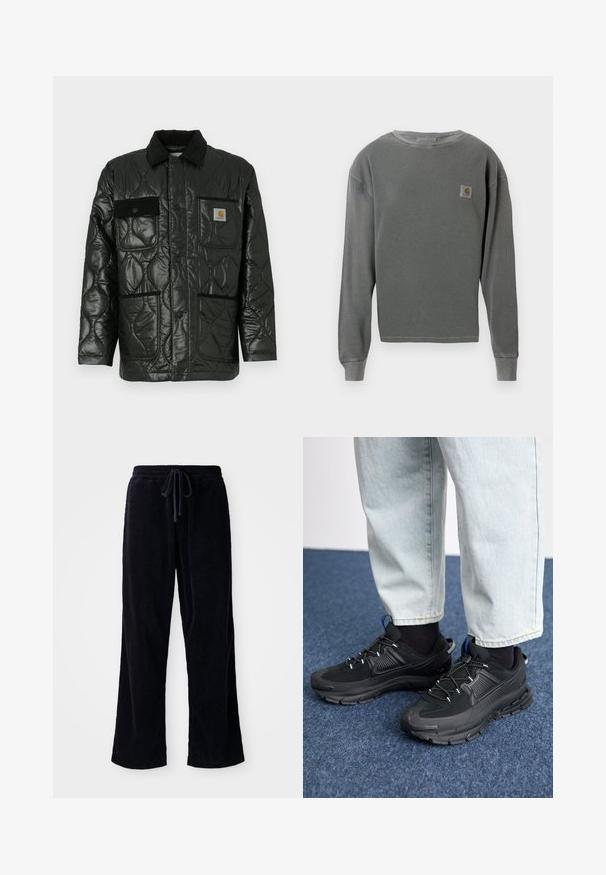 Zwarte gewatteerde jas met een glanzende afwerking, voorzien van een kraag, vier opgestikte zakken en zwarte corduroy accenten.; Grijze langekatoenen sweatshirt met crewneck en ribbeltextuur, voorzien van een klein vierkant logopatch op de linkerborst en ribgebreide manchetten.; Zwarte corduroy broek met een losse pasvorm, voorzien van een elastische tailleband en een trekkoord. De textuur is ribbelig en de stof lijkt zacht.; Zwarte sportschoenen met gestructureerde stof en rubberen zolen, met elastische veters en een blauwe accent op de hiel. Draag samen met lichte spijkerbroeken.