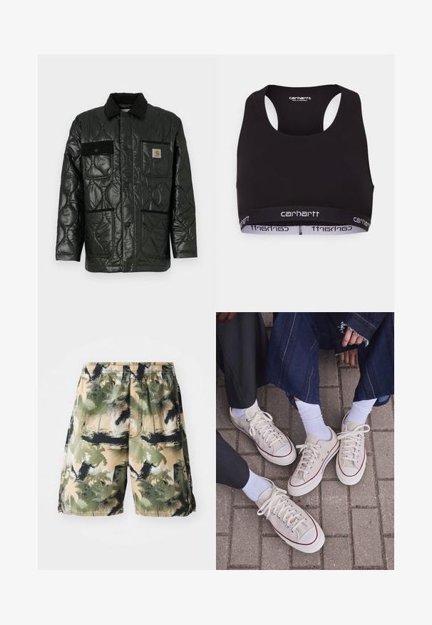 Crna kviltana jakna s sjajnom završnom obradom, koja ima ovratnik, četiri zakrčena džepa i crne baršunaste detalje.; Crna sportska grudnjak s okruglim izrezom i dizajnom s racerback. Ima ojačan pojas s bijelim "carhartt" brendingom. Mekana tekstura tkanine.; Muške kupaće gaće s laganom, prozračnom tkaninom i tropskim uzorkom palmi u zelenoj, crnoj i bež boji. Uključena elastična pojas.; Bež platnene tenisice s crvenim detaljima i bijelim gumenim potplatima. Zavezane vezice i rupice za vezice su vidljive, smještene uz bijele čarape i traperice na pločniku.