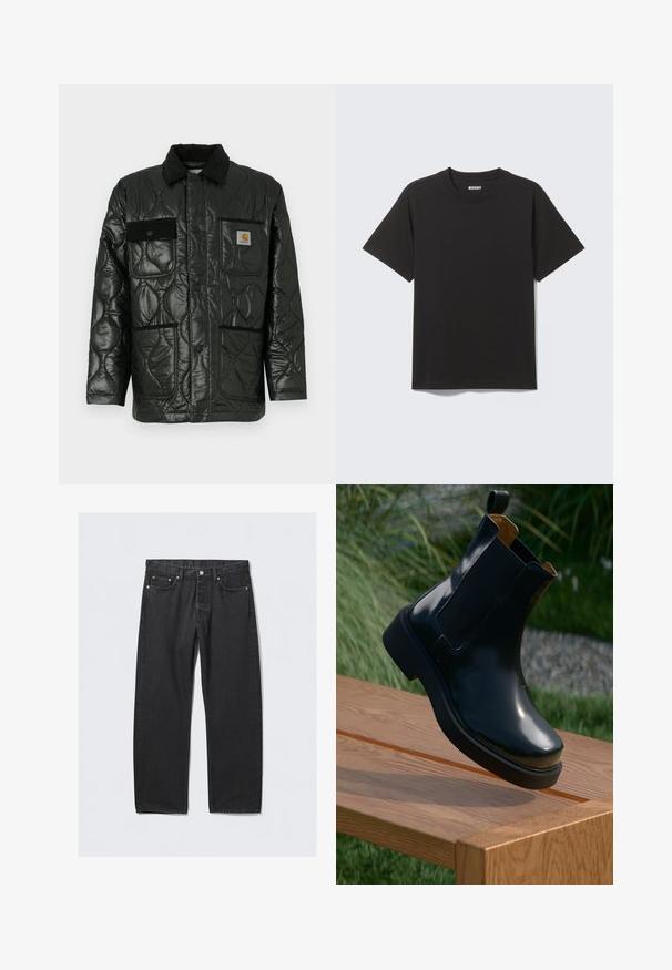 Veste matelassée noire avec une finition brillante, dotée d'un col, de quatre poches plaquées et de détails en velours côtelé noir.; T-shirt noir à manches courtes en coton doux, avec un col rond et un design simple sans motifs ni accents.; Jeans en denim noir avec une coupe droite, dotés d'un bouton d'ouverture, de cinq poches et d'accents en métal cuivré. Texture lisse.; Bottines Chelsea en cuir noir avec finition lisse, panneaux latéraux élastiques, bout arrondi et semelle en caoutchouc épaisse, positionnées au-dessus d'une surface en bois.