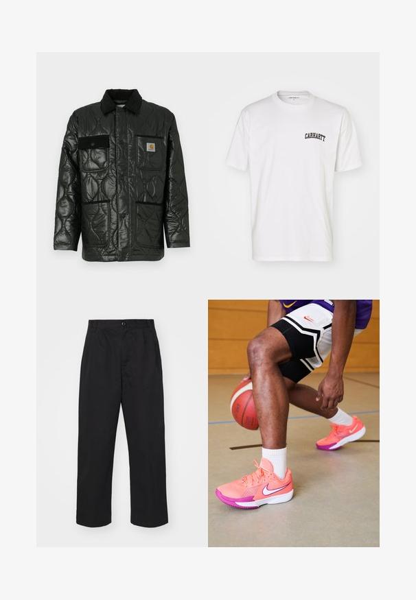 Crna kviltana jakna s sjajnom završnom obradom, koja ima ovratnik, četiri zakrčena džepa i crne baršunaste detalje.; Bijela pamučna majica kratkih rukava s okruglim izrezom. Sadrži crni "Carhartt" logo otisnut u gornjem lijevom dijelu prsnog koša.; Crne pamučne hlače ravnog kroja, sa zatvaranjem na dugme, dva prednja džepa i glatkom teksturom.; Nike košarkaške tenisice u svijetlo ružičastoj i ljubičastoj boji s mrežastim detaljima, s bijelim logom i teksturiranim potplatima, na drvenom terenu.