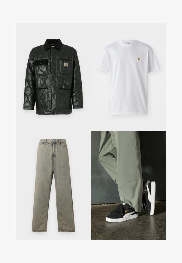 Črna prešita jakna z sijajno površino, ki ima ovratnik, štiri našitne žepe in črne kordne detajle.; Bela bombažna majica s kratkimi rokavi, krožnim ovratnikom, z majhnim zlatim logotipom na levem prsnem predelu. Mehka tekstura in običajen kroj.; Široke denim hlače v zbledeli sivi barvi, ki imajo gumbe namesto zadrge in tradicionalno zasnovo s petimi žepi ter vidnimi šivi.; Črne semšaste športne copate z belimi gumijastimi podplati in stranskimi črtami, v kombinaciji s svetlo zelenimi cargo hlačami, ki stojijo na teksturirani temni površini.