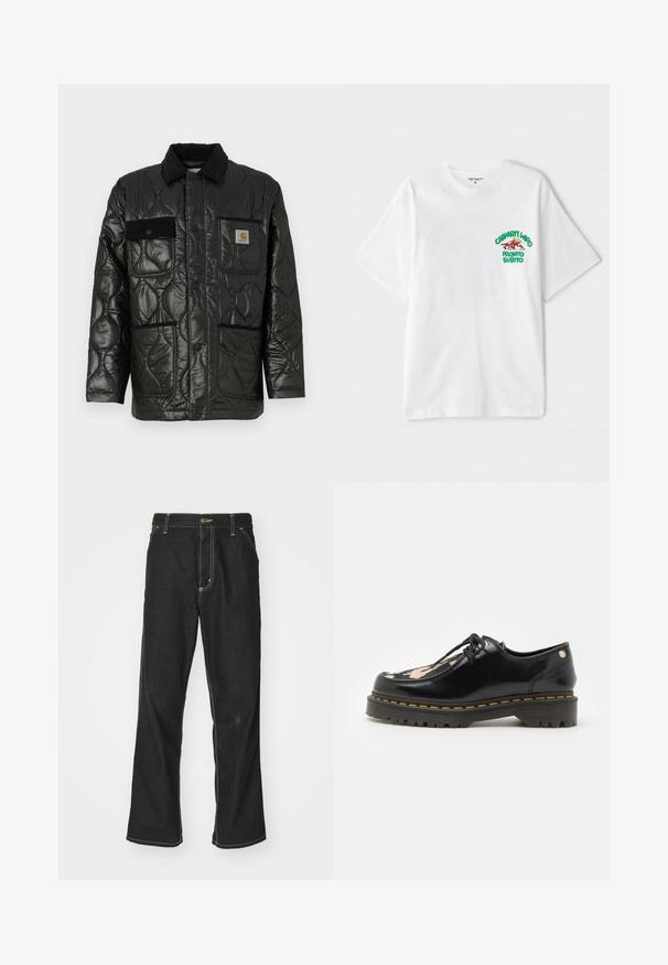 Fekete steppelt dzseki fényes felülettel, galléros nyakkal, négy zsebbel és fekete kordbársonnyal díszítve.; Fehér pamut póló, bal mellrészen zöld és piros grafikus felirattal, melyen az áll: "cashart Who Pronto Subito." Rövid ujjú.; Fekete farmernadrág laza szabással, kontrasztos fehér varrással, gombos záródással és egyenes lábmegoldással.; Dr. Martens ZEFFIR 3I - Hétköznapi fűzős cipő - black/beige