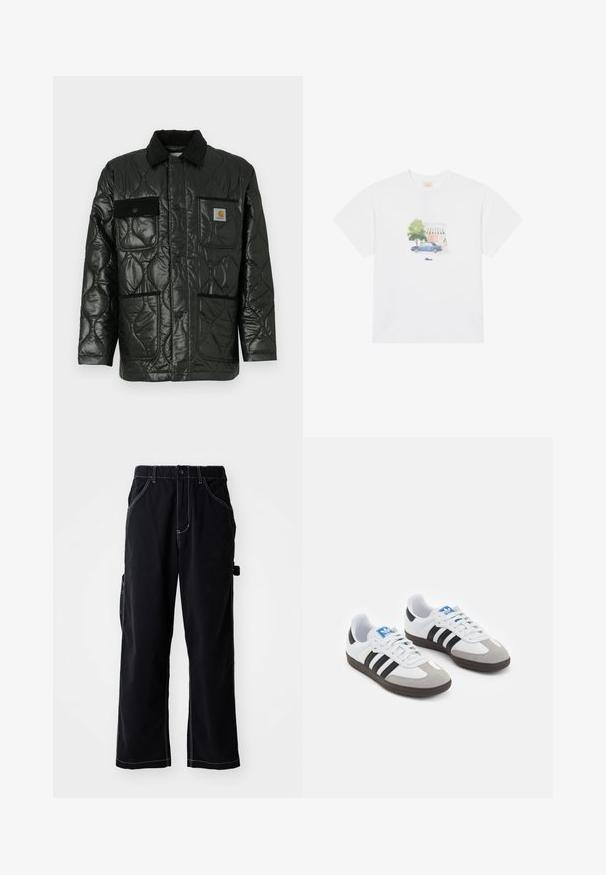 Fekete steppelt dzseki fényes felülettel, galléros nyakkal, négy zsebbel és fekete kordbársonnyal díszítve.; Fehér pamut póló, amelyen halvány színekben nyomott mintázat látható: egy kék autó és egy fa, középen elhelyezve a márkanevének fölött.; Fekete cargo nadrág laza fazonban, húzózsinórral ellátott derékkal, oldalsó zsebekkel és kontrasztos fehér varrással.; Fehér bőr felsőrészes sportcipő, szürke velúrból készült orral és három fekete csíkkal. Jellemzője a kék logó a nyelvén és egy texturált gumitalp.