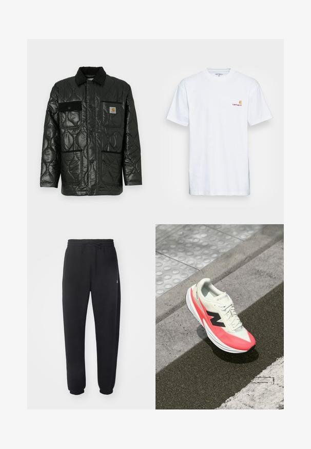 Black quilted jacket with a shiny finish, featuring a collared neck, four patch pockets, and black corduroy accents.; White cotton t-shirt with short sleeves. Designed with a small orange and maroon logo on the left chest. Features a classic crew neck.; Black sweatpants made of soft material with an elastic waistband, drawstring, and tapered cuffs, featuring a subtle logo on the side.; Lightweight running shoe with a cream upper, pink accents, and a black logo. Features a streamlined shape and textured sole for traction.