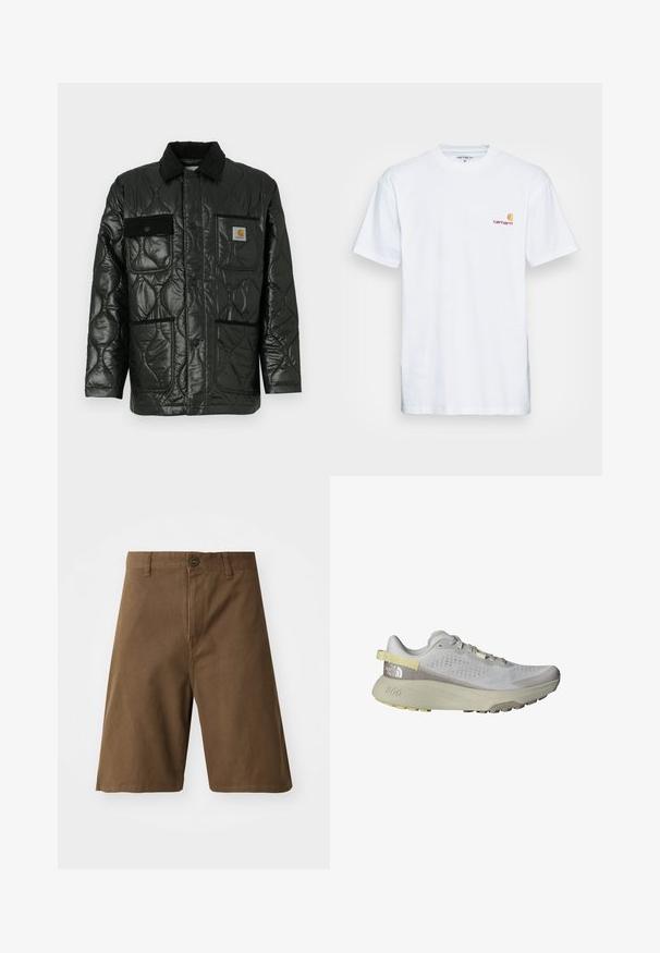 Mustikka ommeltu takki kiiltävällä pinnalla, jossa on kauluksellinen kaula, neljä läppätaskua ja musta corduroy-ylimäärä.; Valkoinen puuvillainen t-paita lyhyillä hihoilla. Varustettu pienellä oranssilla ja maroonilla logolla vasemmassa rinnassa. Ominaisuuksiin kuuluu klassinen pyöreä kaula-aukko.; Ruske puuvillashortsit suoran leikkauksen kanssa, joissa on etunappikiinnitys, vyölenkit ja sivutaskut. Sileä rakenne ja siistit saumat.; The North Face ALTAMESA 300 - Maastojuoksukengät - glacier gray/soapstone