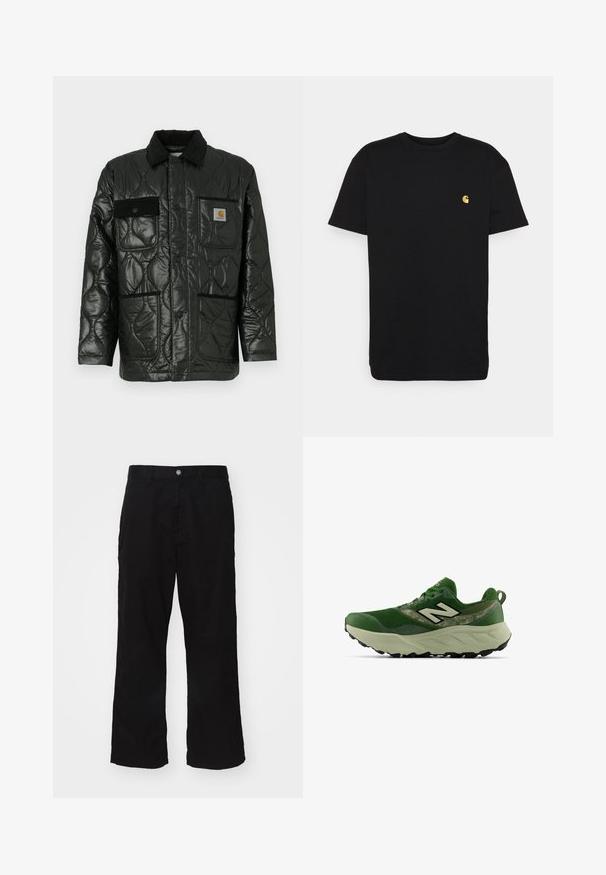 Black quilted jacket with a shiny finish, featuring a collared neck, four patch pockets, and black corduroy accents.; Black cotton t-shirt with short sleeves, crew neck, and a small yellow logo on the left chest area. Simple design and regular fit.; Black wide-leg pants made from cotton blend fabric, featuring a button closure and straight cut with minimal visible stitching.; Green athletic sneaker with thick beige sole, black tread, and white "N" logo on side, shown from outer side view.