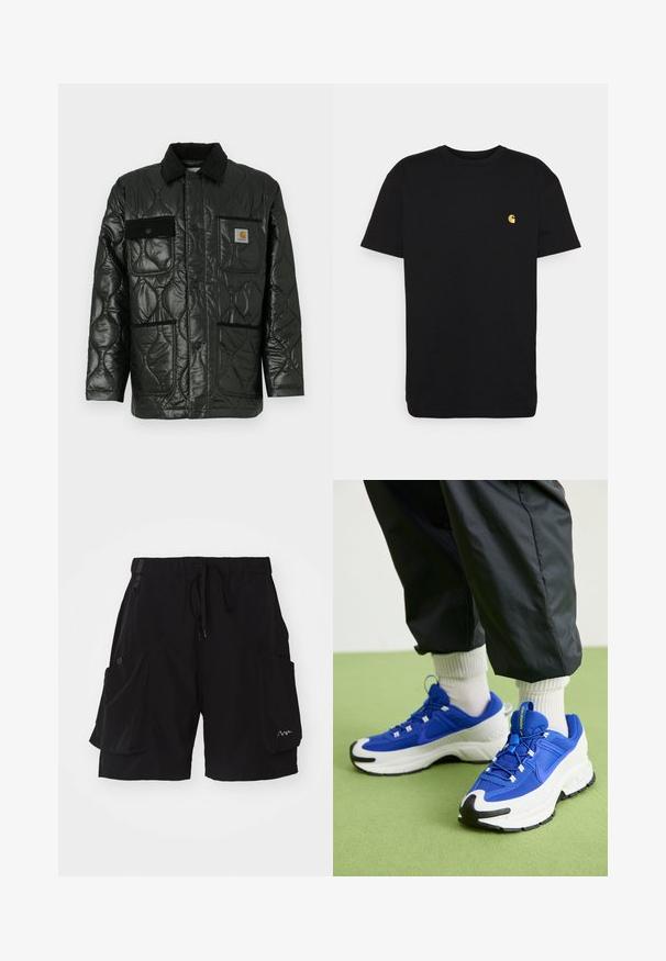 Jachetă neagră matlasată cu un finisaj lucios, având guler, patru buzunare aplicate și accente din catifea neagră.; Tricou negru din bumbac, cu mâneci scurte, guler rotund și un mic logo galben pe partea stângă a pieptului. Design simplu și croială normală.; Pantaloni scurți cargo negri confecționați dintr-un material ușor, cu un brâu elastic dotat cu șnur, multiple buzunare laterale și un accent cu logo.; Pantofi sport albaștri și albi, cu țesătură texturată, talpă din cauciuc proeminentă și accente negre. Au șireturi și un design cu amortizare.