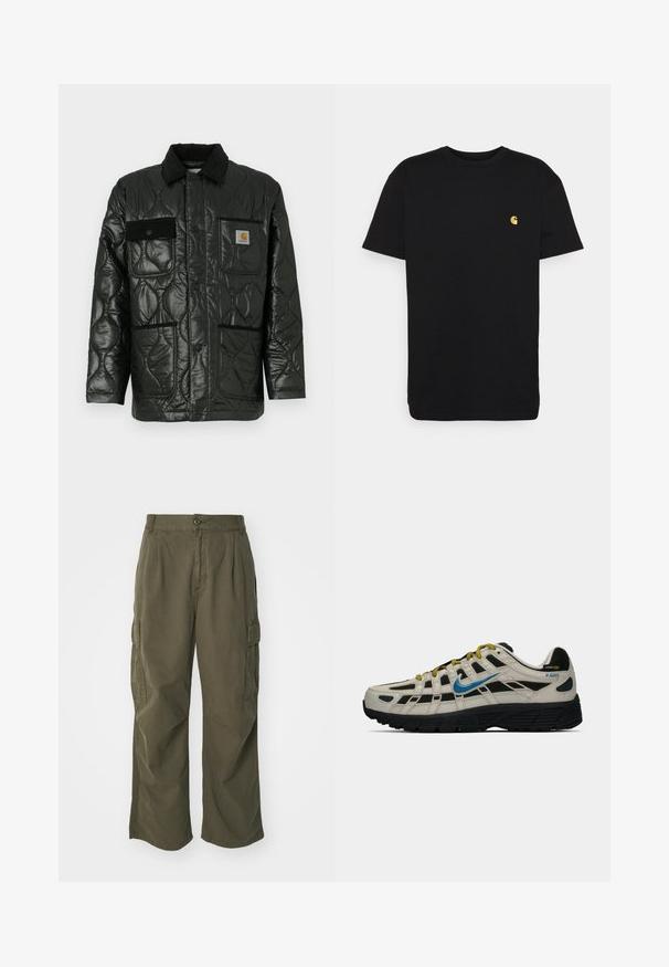 Čierna prešívaná bunda s lesklým povrchom, s golierom, štyrmi našitými vreckami a čiernymi zamatovými akcentmi.; Čierne bavlnené tričko s krátkymi rukávmi, okrúhlym výstrihom a malým žltým logom na ľavej strane hrude. Jednoduchý dizajn a bežný strih.; Olive zelené cargo nohavice, vyrobené z bavlny, so širokým strihom, záhybmi a bočnými vreckami pre väčšiu praktickosť.; Béžovo-čierne tenisky Nike P-6000 s modrým logom, žltými šnúrkami, čiernou podrážkou a visačkou z Cordura látky na päte.