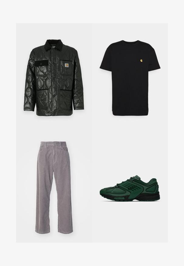 Fekete steppelt dzseki fényes felülettel, galléros nyakkal, négy zsebbel és fekete kordbársonnyal díszítve.; Fekete pamut póló rövid ujjakkal, kerek nyakkal és egy kis sárga logóval a bal mellkasi részen. Egyszerű dizájn és normál illeszkedés.; Szürke kordbársony nadrág széles lábakkal, függőleges bordázattal, gombos záródással és két elülső zsebbel.; Sötétzöld Nike futócipő fekete részletekkel, hálós felsőrésszel, fűzőkkel és teljes hosszúságú Nike Air talppal fehér háttéren.