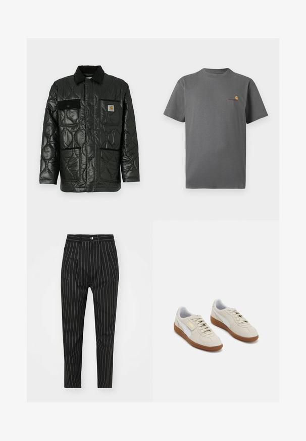 Veste matelassée noire avec une finition brillante, dotée d'un col, de quatre poches plaquées et de détails en velours côtelé noir.; T-shirt gris à manches courtes en coton ; présente un logo subtil en orange et bordeaux sur la poitrine. Design de col rond basique.; Pantalons à rayures noires avec une coupe ajustée, dotés d'une fermeture à boutons à l'avant, de passants de ceinture et d'une texture de tissu lisse.; Baskets en daim beige avec des accents en cuir blanc et des semelles en caoutchouc marron. Présentent un bout rond, des lacets et un logo doré sur le côté.