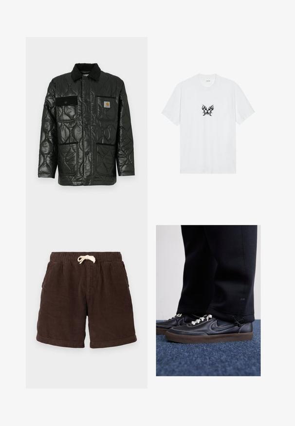 Fekete steppelt dzseki fényes felülettel, galléros nyakkal, négy zsebbel és fekete kordbársonnyal díszítve.; Fehér pamut póló rövid ujjakkal és kerek nyakkivágással. Középen fekete lángmintás lepke grafika található. Sima textúra.; Barna kordbársony rövidnadrág, rugalmas derékrésszel, húzózsinórral és oldalzsebekkel. Az anyag függőleges bordázattal és érdes felülettel rendelkezik.; Nike Sportswear KILLSHOT 2 LTR PRM OPP2 - Sportcipő - black sail baroque brown mtlc dk grey