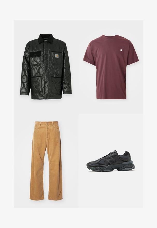 Veste matelassée noire avec une finition brillante, dotée d'un col, de quatre poches plaquées et de détails en velours côtelé noir.; T-shirt en coton bourgogne à manches courtes, col rond et petit logo blanc sur la poitrine gauche. Texture lisse, coupe décontractée.; Pantalon large en velours côtelé de couleur beige. Présente des côtes verticales texturées, une taille standard et deux poches avant.; Chaussure de course noire mettant en avant un mélange de mesh et de matériaux synthétiques, avec une semelle épaisse, un design arrondi et un logo bien visible sur le côté.