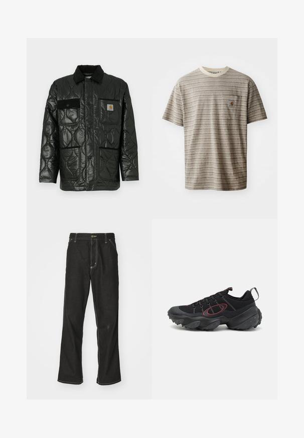 Black quilted jacket with a shiny finish, featuring a collared neck, four patch pockets, and black corduroy accents.; Short-sleeve striped t-shirt in beige and brown, featuring a crew neckline and a chest pocket with a logo patch. Textured fabric.; Black denim jeans with a loose fit, featuring contrasting white stitching, a button closure, and a straight leg design.; Black athletic shoes with a textured mesh upper, contrasting red accents, and a chunky rubber sole featuring rounded grips.