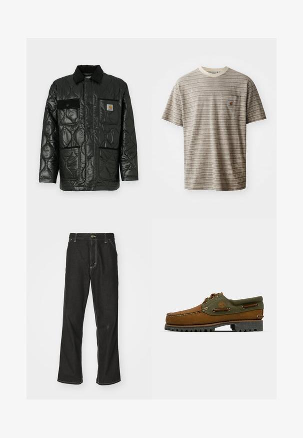 Svart quiltet jakke med en blank finish, med krage, fire påsydde lommer og detaljer i svart kordfløyel.; Kortermet stripete t-skjorte i beige og brun, med rund hals og brystlomme med logopatch. Teksturert stoff.; Svarte denimbukser med løs passform, med kontrastfylt hvit søm, knappelukking og rett ben-design.; Brune skinnsko med grønne tekstilakenter. Har en mokasinstil design, brodert logo, og robust gummisåle med dype dekk.