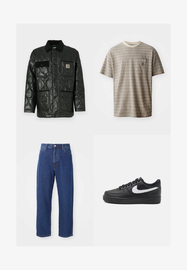 Crna kviltana jakna s sjajnom završnom obradom, koja ima ovratnik, četiri zakrčena džepa i crne baršunaste detalje.; Majica kratkih rukava sa prugama u bež i smešnoj boji, s okruglim izrezom i džepom na grudima s logom. Teksturisani materijal.; Traperice visokog struka plave boje, izrađene od denima, s ravnim krojem, vidljivim šavovima i zatvaranjem na dugme sprijeda.; Crne Nike Air Force 1 tenisice s glatkom kožnom gornjom površinom, bijelim logotipom, perforiranim prstom i teksturiranom gumenom potplatom.