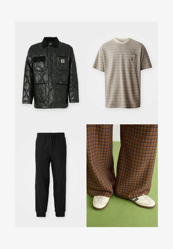Casaco acolchoado preto com acabamento brilhante, apresentando um colarinho, quatro bolsos adesivos e acabamentos em sarja preta.; T-shirt de manga curta às riscas em bege e castanho, com um decote redondo e um bolso no peito com um emblema. Tecido texturizado.; Calças de treino pretas com um cós elástico e cordão ajustável. Punhos ajustados e costuras laterais criam uma silhueta aerodinâmica.; Calças largas em padrão xadrez castanho e azul, combinadas com sapatos brancos com detalhes pretos e solas texturizadas, contra um fundo verde.