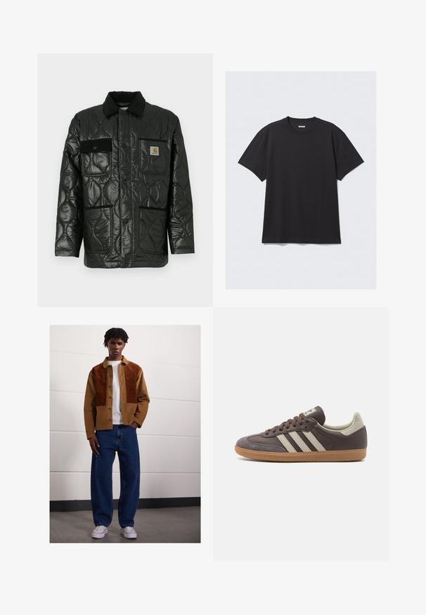 Must valgete õmblustega tikitud jope läikiva viimistlusega, millel on kraed, neli kott-taskut ja mustast korduroost detailid.; Must sõnumit särk lühikeste varrukate ja puuvillase kangaga. Omab ümarat kaelust ja lõdva istuvust. Lihtne disain, ilma mustrite või aktsentideta.; Mees seisab siseruumides, kandes pruuni rubriikjakki roosteplekkidega, valget T-särki, lahtisi siniseid teksaseid ja valgeid spordijalanõusid.; Pruun nahast spordijalats, millel on kolm heledat riba, kummist tallaga, ümar varvas ja tekstuuriga sametised detailid kandadel ja varvastes.