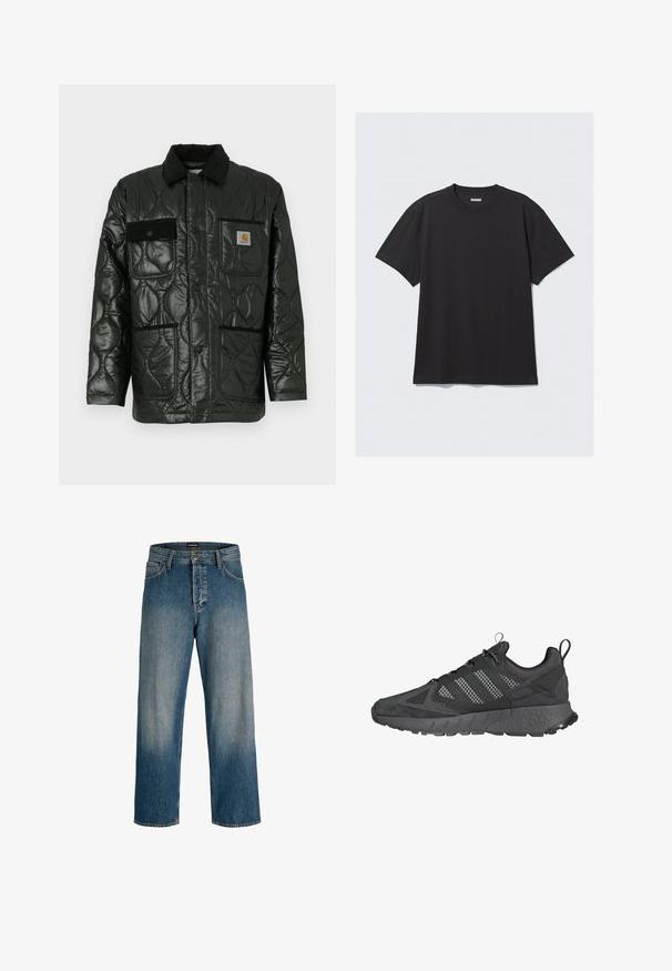 Chaleco negro acolchado con un acabado brillante, que presenta un cuello con solapa, cuatro bolsillos tipo parche y detalles en corduroy negro.; Camiseta de algodón de manga corta en color negro. Cuenta con un cuello redondo y un corte relajado. Diseño sencillo sin patrones ni acentos visibles.; Vaqueros de mezclilla azul con un ajuste relajado, diseño de pierna recta, un suave desgastado ligero y una etiqueta en la cinturilla con la marca para dar detalle.; Zapatillas deportivas negras con parte superior de malla y ante, suela de goma texturizada, collar acolchado y un distintivo diseño de tres rayas en gris.