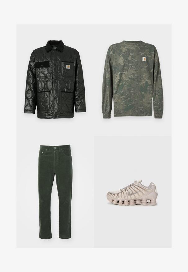 Melnā tamborētā jaka ar spīdīgu apdari, ar apkakli, četrām kabatām un melnas korduroja detaļām.; Zaļā un brūnā toņos kamuflāžas krekls ar garām piedurknēm un nelielu kvadrātveida Carhartt logotipa uzlīmi kreisajā krūtīs.; Zaļas korduroja bikses ar taisnām kājām, kurām ir piecas kabatas, metāla pogātam, un strukturēta ribota virsma.; Gaišbeidzs sporta apavi ar tīkla virsu, strukturētu dizainu un izteiksmīgu mīkstinātāju, kuram ir cilindriski elementi.