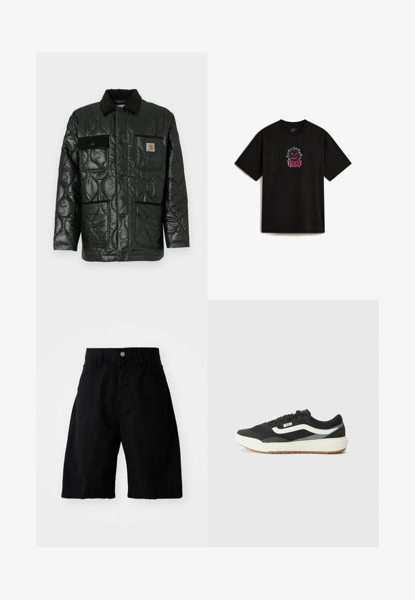 Zwarte gewatteerde jas met een glanzende afwerking, voorzien van een kraag, vier opgestikte zakken en zwarte corduroy accenten.; Zwarte katoenen t-shirt met een vooraanstaand grafisch ontwerp van een stekelige cartoonfiguur en het woord "VANS" in roze schrift. Korte mouwen.; Zwarte katoenen shorts hebben een ontspannen pasvorm, twee zijzakken, een knoopsluiting en schone randen, geschikt voor casual kleding.; Zwarte sneakers met witte accenten, voorzien van een gladde synthetische bovenkant, ronde vorm en een rubberen zool, gecombineerd met lichtbeige broek.