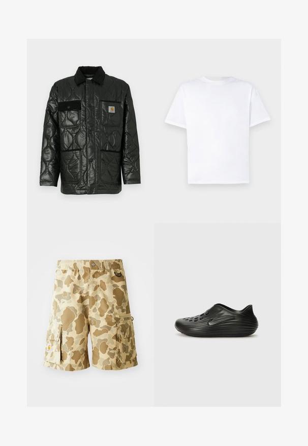 Sort quilted jakke med en blank finish, der har krave, fire påsyede lommer og sorte kordfløjlsdetaljer.; Hvid bomulds T-shirt med rund halsudskæring og korte ærmer. Glat tekstur, lige snit, ingen mønstre eller detaljer. Kun bagperspektiv.; Khaki cargo shorts med et camouflage mønster i brune nuancer. Har en elastisk talje, sidelommer og detaljer med stofsløjfer.; Sorte slip-on træsko lavet af glat plast med et ribbet design, perforerede huller på overdelen og et diskret side-logo.