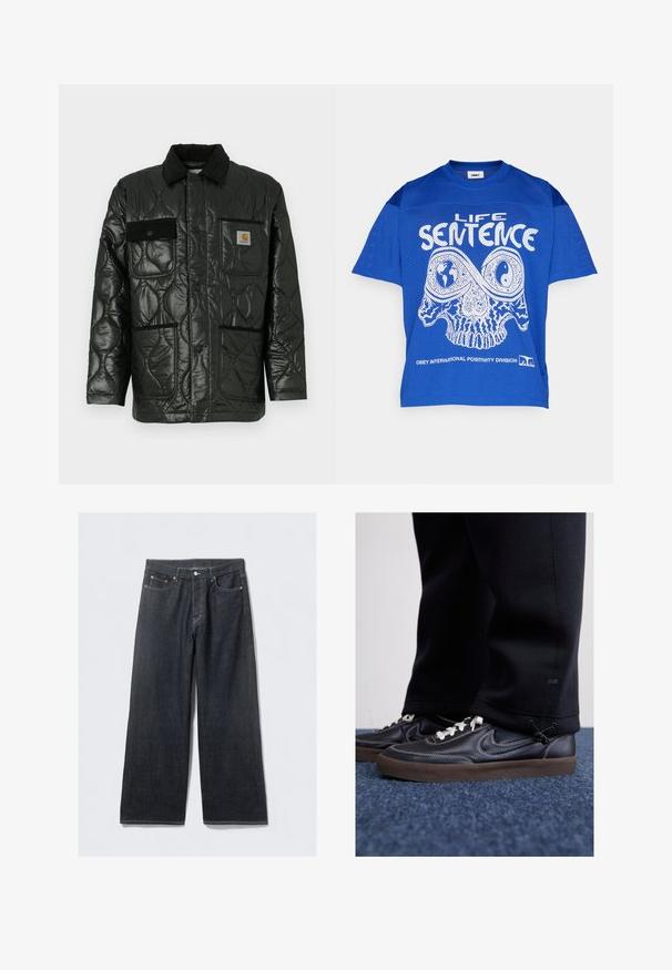 Chaleco negro acolchado con un acabado brillante, que presenta un cuello con solapa, cuatro bolsillos tipo parche y detalles en corduroy negro.; Camiseta de malla azul de manga corta con un diseño gráfico blanco de una calavera con detalles intrincados y el texto "LIFE SENTENCE" debajo.; Jeans de mezclilla oscura de pierna ancha con una cinturilla alta, con remaches de tono cobrizo y costuras en contraste, textura suave y sin patrones visibles.; Nike Sportswear KILLSHOT 2 LTR PRM OPP2 - Zapatillas - black sail baroque brown mtlc dk grey