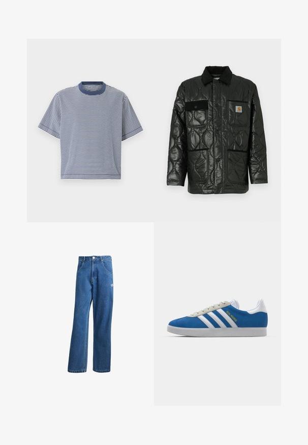 Zwarte gewatteerde jas met een glanzende afwerking, voorzien van een kraag, vier opgestikte zakken en zwarte corduroy accenten.; Blauw-wit gestreepte short-sleeve t-shirt met een ronde halslijn en een losse pasvorm, gemaakt van zachte, lichte stof.; Blauwe hoge taille wijde spijkerbroek met voorzakken, riemlussen, knoopsluiting en klein Adidas-logo op de rechterdij.; adidas Originals ADIDAS GAZELLE SHOES - Zaalvoetbalschoenen - real madrid/bluebird/footwear white/crew yellow