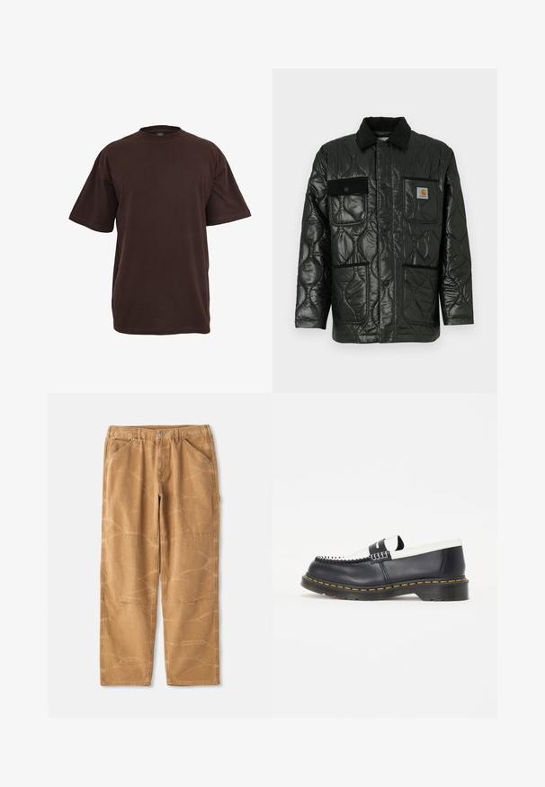 Čierna prešívaná bunda s lesklým povrchom, s golierom, štyrmi našitými vreckami a čiernymi zamatovými akcentmi.; Hnedé bavlnené tričko s krátkymi rukávmi, okrúhlym výstrihom a voľným strihom. Hladká textúra bez viditeľných vzorov alebo akcentov.; Béžové bavlnené nohavice s voľným strihom, s viditeľnými švami, detailmi z látkových záplat a mierne pokrčenou textúrou.; Čierna kožená nazúvacia obuv s bielym koženým akcentom. Obsahuje dekoratívne prešitie a gumovú podrážku s žltým lemovaním. Zaoblený dizajn špičky.