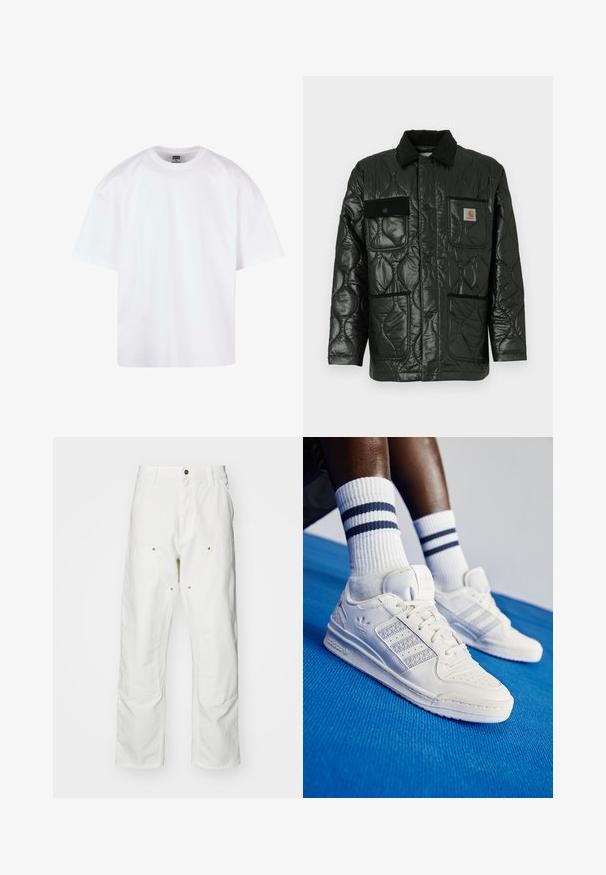 Juodas siuvinėtas džemperis su blizgesiu, turintis apykaklę, keturias kišenių kišenes ir juodus veliūro akcentus.; Balta medvilnė marškinėliai su apvaliu kaklu, trumpomis rankovėmis ir laisvu siluetu. Pasižymi paprastu dizainu ir lygiu paviršiumi.; Balti medvilniniai kargo džinsai su laisvu siluetu. Ypatybės apima priekines kišenes, auksinius apdailos elementus ir sustiprintas kelio dalis.; Baltos odinės sportbačiai su perforuotais akcentais, trimis metalinėmis juostelėmis ir tekstūruotu šoniniu skydeliu. Dėvimi su baltais kojiniais, turinčiais mėlynas juosteles.