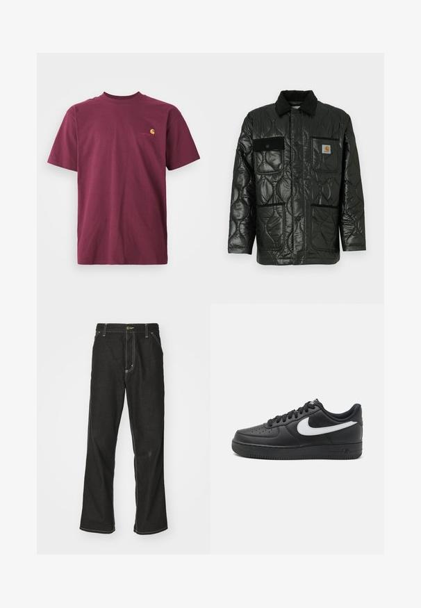 Black quilted jacket with a shiny finish, featuring a collared neck, four patch pockets, and black corduroy accents.; Burgundy cotton t-shirt with short sleeves and a rounded neckline. Features a gold embroidered logo on the chest. Plain design.; Black denim jeans with a loose fit, featuring contrasting white stitching, a button closure, and a straight leg design.; Black Nike Air Force 1 sneakers with a smooth leather upper, white logo accent, perforated toe, and textured rubber sole.