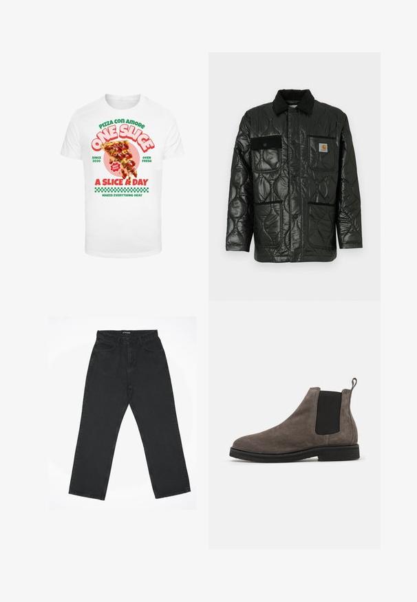 Crna kviltana jakna s sjajnom završnom obradom, koja ima ovratnik, četiri zakrčena džepa i crne baršunaste detalje.; Bijela majica s grafičkim otiskom komada pizze s peperonijem, popraćena šarenim natpisom i karo uzorkom na dnu.; Crne traperice visoki struk ravnog kroja s prednjim džepovima i zatvaranjem na gumb, položene ravno na bijeloj pozadini.; Sive čizme Chelsea od gamušine s elastičnim bočnim panelima, zaobljenim vrhom i uzicom. Ravni crni gumeni potplat. Jednostavan i elegantan dizajn.