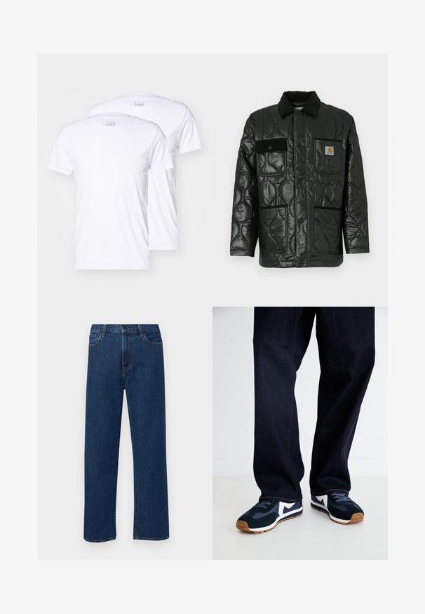 Black quilted jacket with a shiny finish, featuring a collared neck, four patch pockets, and black corduroy accents.; Two white cotton t-shirts with short sleeves, round necklines, and Lee branding on the tags. Smooth texture, classic fit, no additional patterns.; Dark blue straight-leg denim jeans with front pockets and a button closure, displayed on a plain white background.; Navy and white athletic shoes with a textured upper, laces, and rubber sole, paired with dark denim pants with orange stitching.