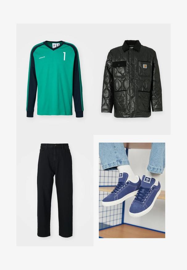 Juodas siuvinėtas džemperis su blizgesiu, turintis apykaklę, keturias kišenių kišenes ir juodus veliūro akcentus.; Žalias ir tamsiai mėlynas ilgų rankovių džersis su V formos iškirpte, turi baltą skaičių „1“ ir tris juosteles ant rankovių. Pagamintas iš minkštos medžiagos.; Juodos džinsinės kelnes su tiesiapjūviu. Yra klasikinis penkių kišenių dizainas, mygtukų užsegimas ir subtili audinio tekstūra.; Tamsiai mėlyni Adidas sportbačiai, pagaminti iš zomšos, su baltais guminais padu, apvaliais pirštais ir logotipo ženkleliu ant liežuvėlio. Matomos ryškiai baltos kojinės.