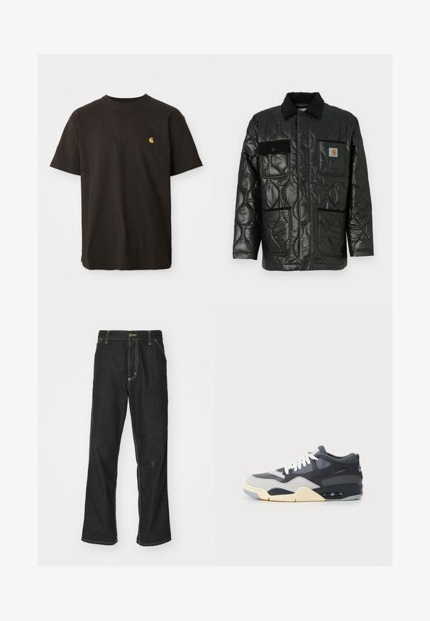 Čierna prešívaná bunda s lesklým povrchom, s golierom, štyrmi našitými vreckami a čiernymi zamatovými akcentmi.; Čierne bavlnené tričko s okrúhlym výstrihom, krátkymi rukávmi a malým žltým logom na hrudi. Klasický strih s hladkou textúrou.; Čierne denimové nohavice s voľným strihom, s kontrastným bielym prešívaním, uzáverom na gombík a rovnými nohavicami.; Tenisky s vrchným materiálom kombinovaných farieb sivej a námořní modrej, s polstrovanou podrážkou, bielymi šnúrkami a modrým logom na päte.