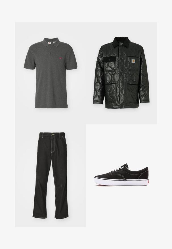 Fekete steppelt dzseki fényes felülettel, galléros nyakkal, négy zsebbel és fekete kordbársonnyal díszítve.; Levi's® Pólóing - dark charcoal heather; Fekete farmernadrág laza szabással, kontrasztos fehér varrással, gombos záródással és egyenes lábmegoldással.; Fekete vászon sportcipő fehér fűzővel, kontrasztos fehér varrással és fehér gumitalppal. Alacsony profilú kialakítással és diszkrét emblémával rendelkezik.