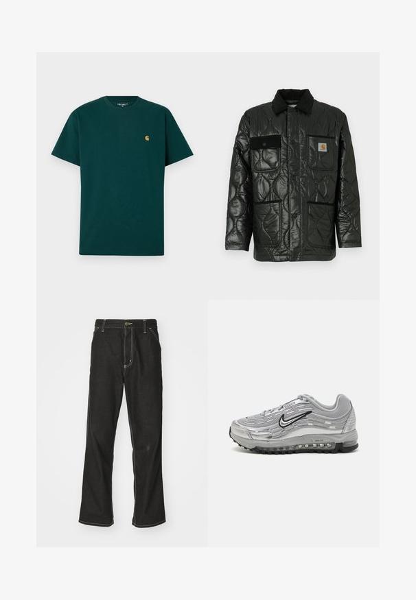 Casaco acolchoado preto com acabamento brilhante, apresentando um colarinho, quatro bolsos adesivos e acabamentos em sarja preta.; Camiseta de algodão verde com mangas curtas, gola redonda e um pequeno logotipo amarelo no peito. Textura suave e design simples.; Calças de ganga pretas de corte largo, com costuras brancas em contraste, fecho de botão e design de perna reta.; Sapatilhas Nike Air Max cinzas com um upper em malha e sintético, design em forma de onda, acentos em preto e uma unidade de amortecimento de ar visível.