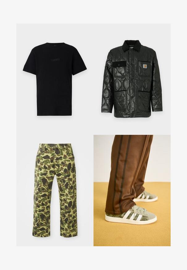 Casaco acolchoado preto com acabamento brilhante, apresentando um colarinho, quatro bolsos adesivos e acabamentos em sarja preta.; T-shirt preto de algodão com mangas curtas, textura ribada, decote redondo e logótipo bordado "FORMER" na parte da frente.; Calças de camuflagem com um esquema de cores verde e castanho, feitas de algodão, com um design de perna reta e bolsos frontais.; Sapatilhas verde camuflado com riscas brancas, tecido texturizado e sola de borracha, combinadas com calças de treino castanhas com riscas laterais escuras.
