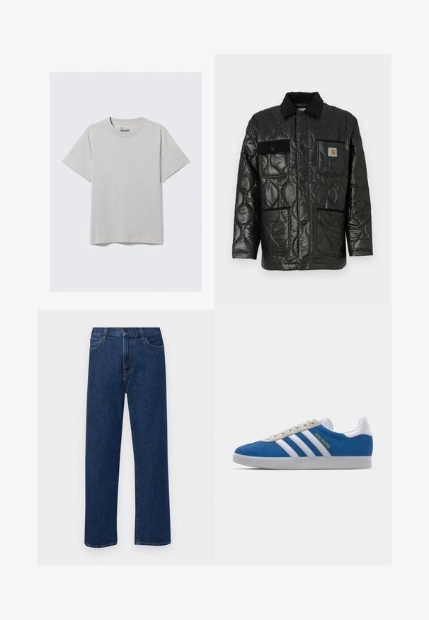Črna prešita jakna z sijajno površino, ki ima ovratnik, štiri našitne žepe in črne kordne detajle.; Svetlo siva bombažna majica s krojem in kratkimi rokavi, z minimalističnim dizajnom in sproščenim krojem. Brez vzorcev ali dodatkov.; Temno modri jeans ravne krojenje z naprsnimi žepi in gumbom za zapiranje, prikazani na enostavni beli podlagi.; adidas Originals ADIDAS GAZELLE SHOES - Dvoranske nogometne kopačke - real madrid/bluebird/footwear white/crew yellow
