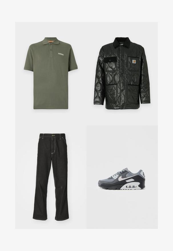 Črna prešita jakna z sijajno površino, ki ima ovratnik, štiri našitne žepe in črne kordne detajle.; Olivno zelena bombažna polo majica s trojnim gumbom, kratkimi rokavi in majhnim logotipom na prsih. Mehka tekstura, klasičen kroj.; Črne jeans hlače ohlapenega kroja, ki imajo kontrastno belo šivanje, zapiranje na gumb in ravno nogavico.; Siva superga z mešanico mrežaste in antilop materiala, s črnim podplatom in vidno zračno enoto. Izstopajo svetlo sive poudarki in vezalke.