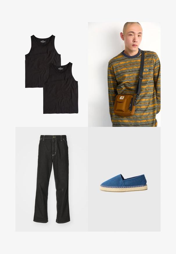 Črna prešita jakna z sijajno površino, ki ima ovratnik, štiri našitne žepe in črne kordne detajle.; Dve črne majice brez rokavov iz bombaža, z enostavnim zaobljenim izrezom in brezrokavnim dizajnom, razporejene ravno s gladko teksturo.; Črne jeans hlače ohlapenega kroja, ki imajo kontrastno belo šivanje, zapiranje na gumb in ravno nogavico.; Modre platnene espadrilke z zaprtim nosom, jutenim podplatom in šivanim robom. Gladka tekstura blaga in nizkoprofilna zasnova.; Rjava tkaninska torba preko telesa z zadrgo in sprednjim žepom; nosi se čez sivo in oranžno prugasto majico z dolgimi rokavi z logo oznako.