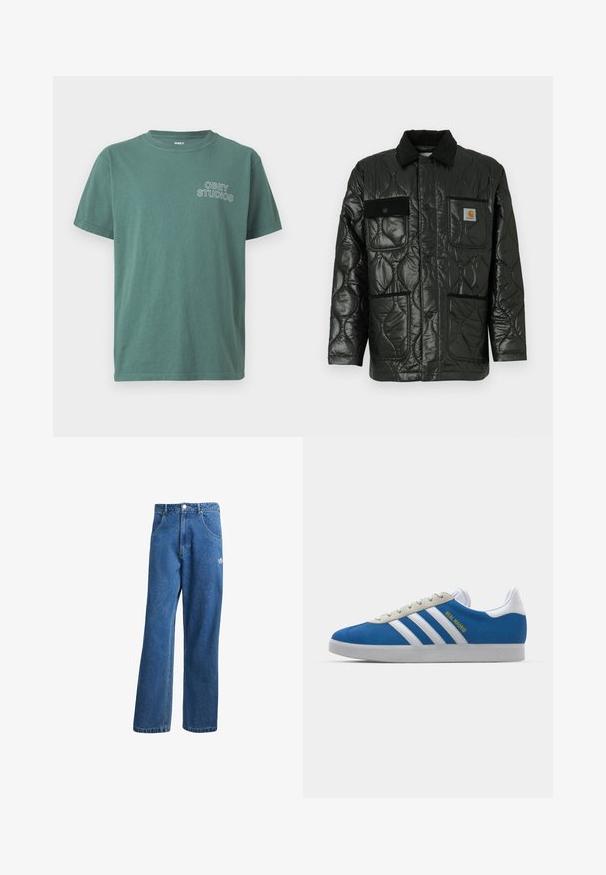 Černá prošívaná bunda s lesklým povrchem, má límeček, čtyři náprsní kapsy a černé kordové akcenty.; Zelené bavlněné tričko s kulatým výstřihem, krátkými rukávy a bílým logem "OBEY STUDIOS" na levé hrudi. Měkká textura, ležérní design.; Modré vysoké široké džíny s vysokým pasem, předními kapsami, poutky na opasek, knoflíkovým zapínáním a malým logem Adidas na pravém stehně.; adidas Originals ADIDAS GAZELLE SHOES - Sálové kopačky - real madrid/bluebird/footwear white/crew yellow