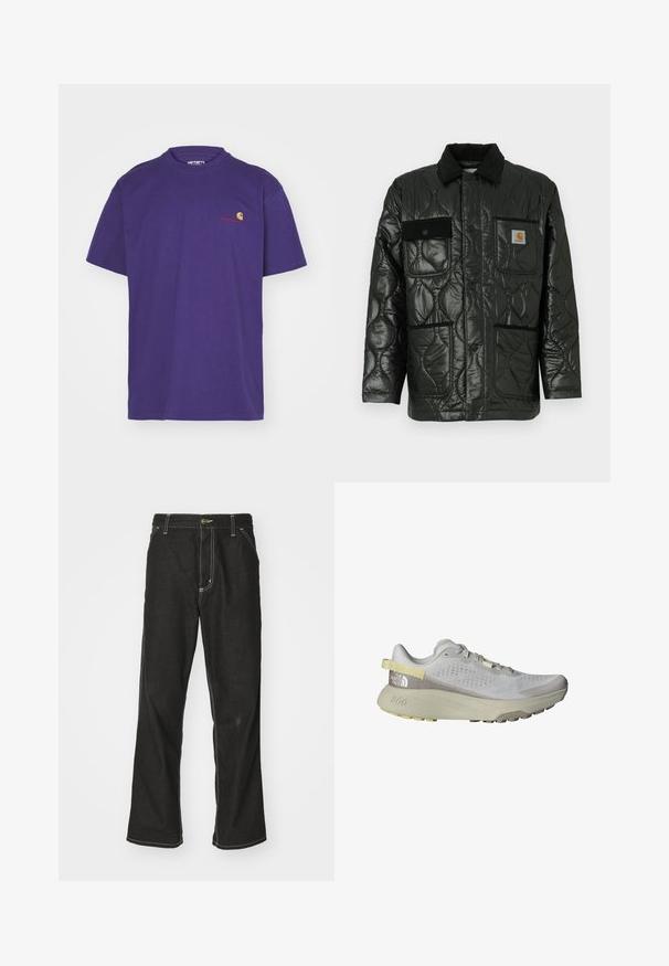 Zwarte gewatteerde jas met een glanzende afwerking, voorzien van een kraag, vier opgestikte zakken en zwarte corduroy accenten.; Carhartt WIP AMERICAN SCRIPT - T-shirt basic - aura; Zwarte denim jeans met een losse pasvorm, voorzien van contrasterende witte stiksels, een knoopsluiting en een recht ontwerp.; The North Face ALTAMESA 300 - Trail hardloopschoenen - glacier gray/soapstone