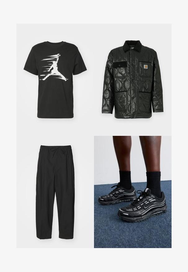 Juodas siuvinėtas džemperis su blizgesiu, turintis apykaklę, keturias kišenių kišenes ir juodus veliūro akcentus.; Jordan CREW - Marškinėliai su spaudiniu - black/sail; Juodos kelnės su elastinga juostele, varstomomis užsegimo detalėmis ir laisvu siluetu. Pagamintos iš lygaus audinio, pasižyminčios minimalizmo dizainu.; Juodi Nike batai turi orui pralaidžią viršutinę dalį su akcento juostelėmis, tekstūruotais raišteliais ir juodu guminio pado. Dėvimi su juodais šonkauliniais sokais.