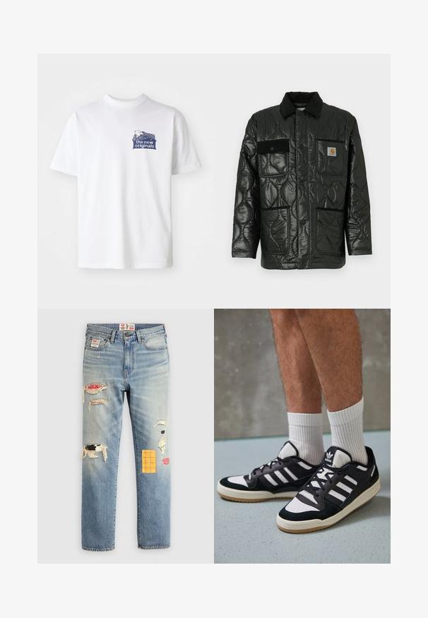 Juodas siuvinėtas džemperis su blizgesiu, turintis apykaklę, keturias kišenių kišenes ir juodus veliūro akcentus.; Balta medvilnė marškinėliai su tamsiai mėlynu piešiniu kairėje krūtinės pusėje, ant kurio užrašyta "nauji originalai", ir virš jo esantis raštuotas dizainas.; Šviesiai mėlyni džinsai su laisvu kūrimo stiliumi, puošti nusidėvėjimo dėmėmis įvairių spalvų ir raštų, įskaitant oranžinius ir raudonus akcentus.; Juodos ir baltos sportinės bateliai su zomšiniu ir odiniu viršumi, su trimis baltomis juostelėmis, perforuota koja ir guminėmis padais.