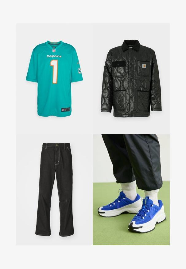 Czarna pikowana kurtka o błyszczącym wykończeniu, z kołnierzykiem, czterema naszywanymi kieszeniami i czarnymi akcentami z korduroyu.; Koszulka Miami Dolphins w kolorze teal z pomarańczowymi akcentami, z numerem "1" w białym kolorze. Wykonana z lekkiego materiału, z krótkimi rękawami i siateczkowymi bokami.; Czarne dżinsy o luźnym kroju, z kontrastującymi białymi szwami, z zapięciem na guzik i prostą nogawką.; Niebieskie i białe buty sportowe z teksturowanej tkaniny, wyraźną gumową podeszwą i czarnymi akcentami. Posiadają sznurówki i amortyzującą konstrukcję.