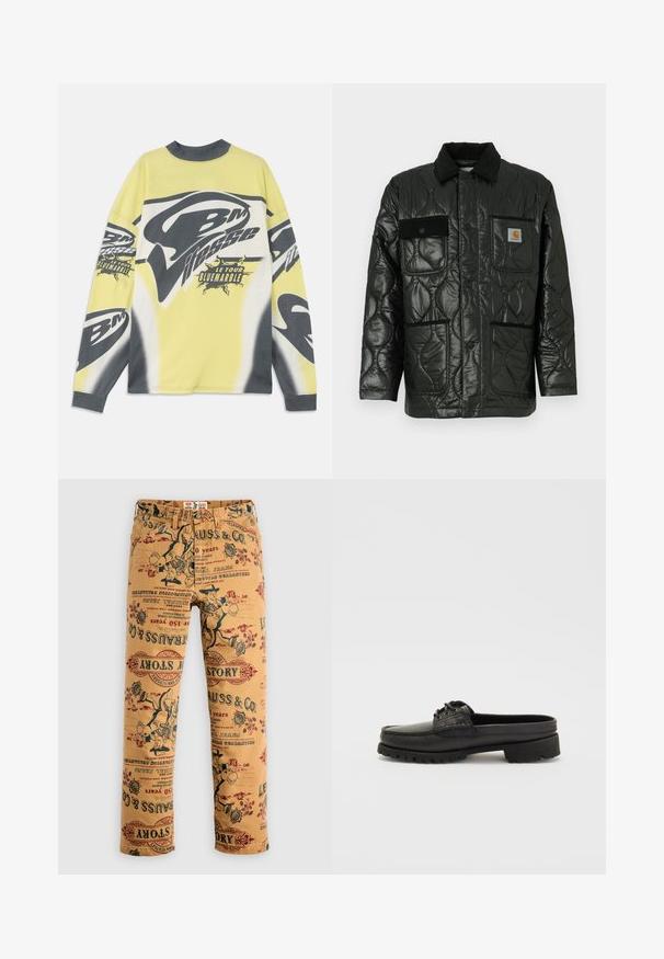 Černá prošívaná bunda s lesklým povrchem, má límeček, čtyři náprsní kapsy a černé kordové akcenty.; Dlouhý rukáv tričko v žluté a šedé bavlně, s výrazným grafickým designem obsahujícím text "BM" a "Le Tour", plus abstraktní vzory.; Kremové látkové kalhoty s vintage potiskem log a postav v červené a černé barvě, pravidelný střih a klasický pětikapsový design.; Černá kožená obuv na klínku s detaily šněrování, zaoblenou špičkou a texturovanou podrážkou. Disponuje mírně zvýšeným podpatkem a hladkým povrchem.