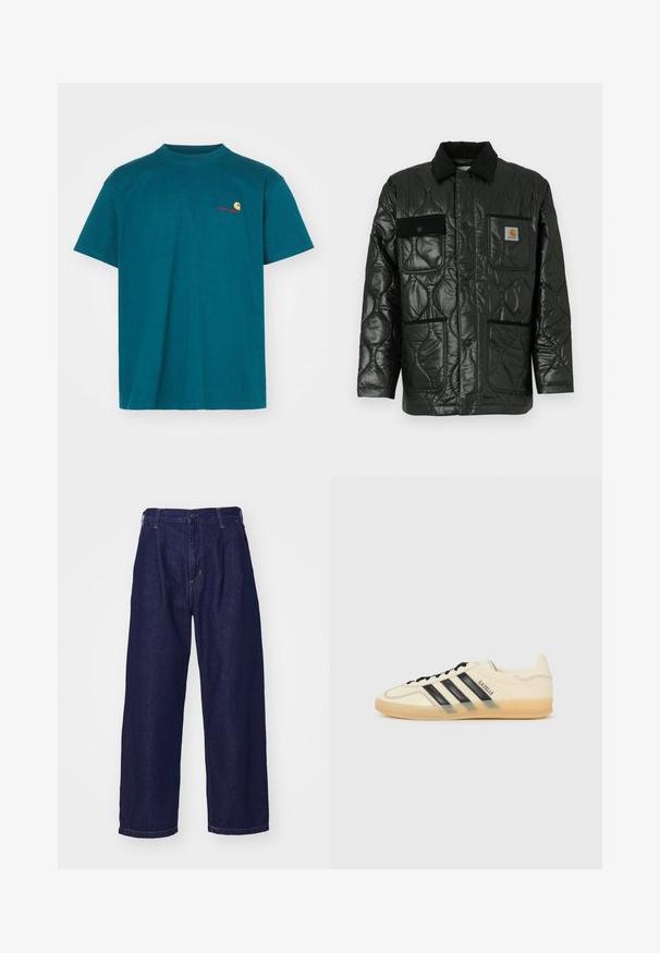 Black quilted jacket with a shiny finish, featuring a collared neck, four patch pockets, and black corduroy accents.; Teal cotton t-shirt with a crew neckline. Features a small orange and red logo on the left chest. Short sleeves and a relaxed fit.; Dark blue denim jeans, wide-leg design, high waist, featuring a button closure and classic five-pocket styling. Smooth texture, subtle stitching.; Light cream sneaker with black three-stripe design, textured upper, round toe, and gum sole. Features laces and branding on side.