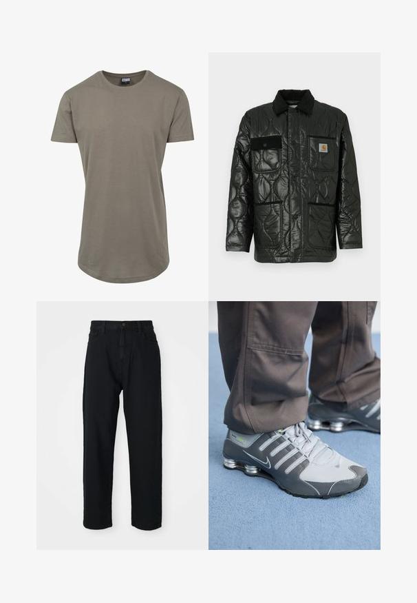 Svart quiltet jakke med en blank finish, med krage, fire påsydde lommer og detaljer i svart kordfløyel.; Olivengrønn T-skjorte laget av myk bomull, med rund hals og korte ermer, samt en lengre, buet søm for en avslappet passform.; Sorte denimbukser med rette ben. Har klassisk fem-lomme-design, knappeåpning og subtilt stoffmønster.; Grå og sølv Nike Shox-sneakers har et slankt design, med mesh- og syntetiske materialer, en rund tå og en polstret krage.